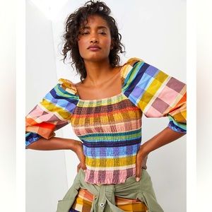 Farm Rio Seline - Plaid Cropped Puff Sleeve Blouse ( Size Medium) NWT